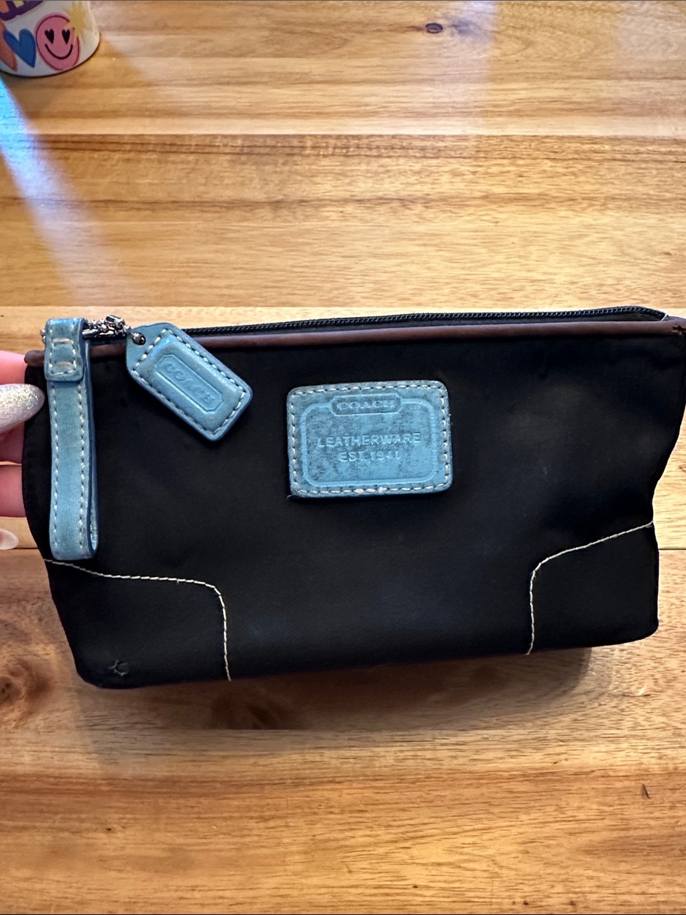 Y2K Black Nylon Hampton Coach Cosmetic Pouch with Brown and Light Blue Trim - Picture 3 of 3